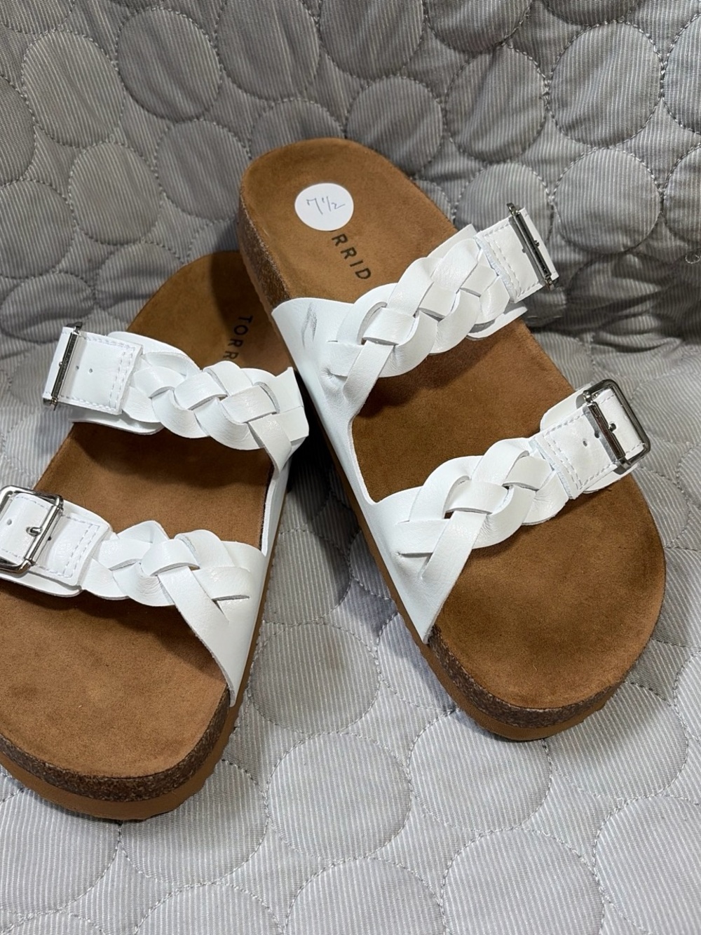 torrid White Braided Double-Strap Slide Sandals with Buckles on Tan Footbed